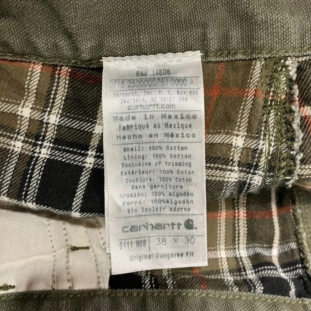 Carhartt B111 MOS Dungaree Men‎ 38x30 Flannel Lined Green Duck Canvas Fit 36x29